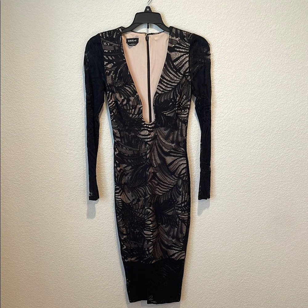 Bebe Black and Cream, Lace Long Sleeve Dress